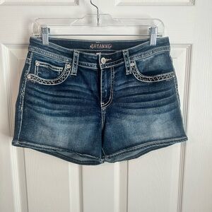 Shyanne Women's Faded Dark Blue Denim Shorts with Contrast Stitching